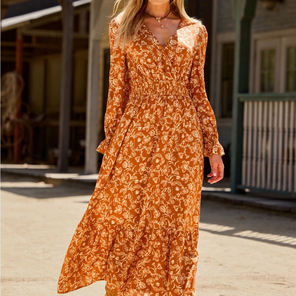 Cupshe Long Sleeve Floral Dress in Orange